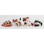 Four Lorna Bailey cat models, including a kitten on a heart shaped cushion and a tiger cat,