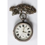 A silver key wind pocket watch, enamel dial with Roman numerals and subsidiary seconds,