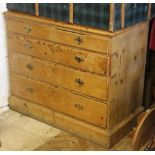 A Victorian pine chest, of two short and three graduated long drawers, on plinth base,