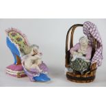 Two Continental porcelain groups, to include a Meissen style model of two cherubs within a shoe,