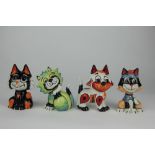 Four Lorna Bailey cat models, to include one with geometric decoration, tallest 13.