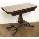 A Regency rosewood tea table, with hinged top on a square column,