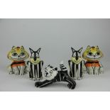 Five Lorna Bailey model cats, comprising two pairs and another black and white cat 'stretching',