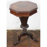 A Victorian walnut trumpet work table, on tripod base,