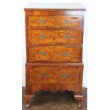 A burr walnut chest on stand, with three drawers on stand with one drawer and cabriole legs,