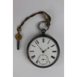 A 19th century silver key wind pocket watch, Roman numeral enamel dial,