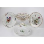 A Meissen soup dish, florally enamelled plates, underglaze blue crossed swords and star mark,