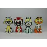 Four Lorna Bailey model cats, to include one modelled in graduation robes,