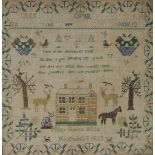 A William IV needlework sampler by Mary Sutton, 1923, worked with a house, animals,