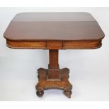 A William IV mahogany tea table, the hinged top with rounded corners,