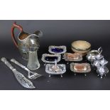 A collection of silver plated wares, to include; an old Sheffield plate condiment set,