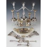 A quantity of silver plated wares, to include; a candelabra, 29cm high, three pairs of candlesticks,