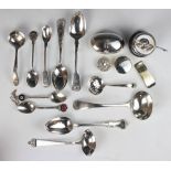 Three silver spoons, to include; a novelty tennis racket example,