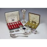 A collection of silver and plated wares, to include a set of six coffee spoons with bean terminals,