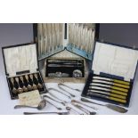 A collection of silver and plated wares, to include; a cased five piece silver manicure set, W.