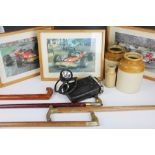 Four walking sticks, three stoneware vessels, a brass magazine rack,