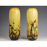 A pair of yellow glass spatter vases, probably Czechoslovakian,