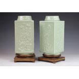 A pair of Chinese celadon vases, Cong, Qing Dynasty,