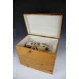 A pine box enclosing a collection of shells, 39cm H x 46cm W,