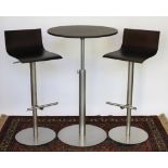 A pair of Italian Lapalma swivel bar stools, with curved wood seat, on circular base,