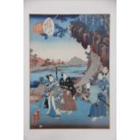 A pair of Japanese woodblock prints, one a winter scene,