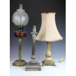 A Victorian large silver plated lamp base in the form of a fluted column with Corinthian capital,