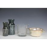 A Moet & Chandon glass ice bucket, a silver plated twin handled cooling dish and liner,