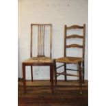 A set of four 19th century beech and ash ladder back dining chairs, rush seats, 98cm H,