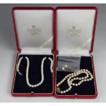A single strand of cultured pearls, with 9ct white gold clasp, within a Mikimoto red leather case,