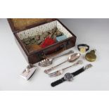 A Queens pattern silver table spoon and fork, London 1823, with jewellery, coins,