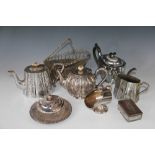 An assortment of silver plated wares, to include a Victorian melon shaped tea pot, a butter dish,