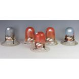 A set of three Continental painted glass light shades, decorated with a cottage at sun rise,