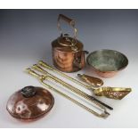 A late 19th century brass three piece companion set, other cooper and metal wares,