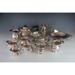 A collection of silver plate, to include; a three piece silver plated tea service, sauce boats,