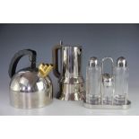 An Alessi stainless steel and glass four piece condiment set, Inox 18/10,