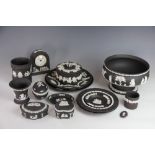 A collection of Wedgwood Black Basalt wares, including a pedestal bowl,