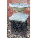 A garden marble water fountain, on associated pierced cast iron stand, 69cm H x 43cm diameter,
