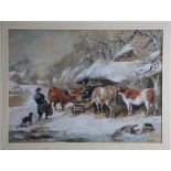 Harden Sidney Melville, watercolour, Winter scene with cattle around a feeding trough,