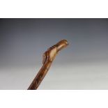 A 19th century carved wood walking cane / game keepers stick, possibly sycamore,