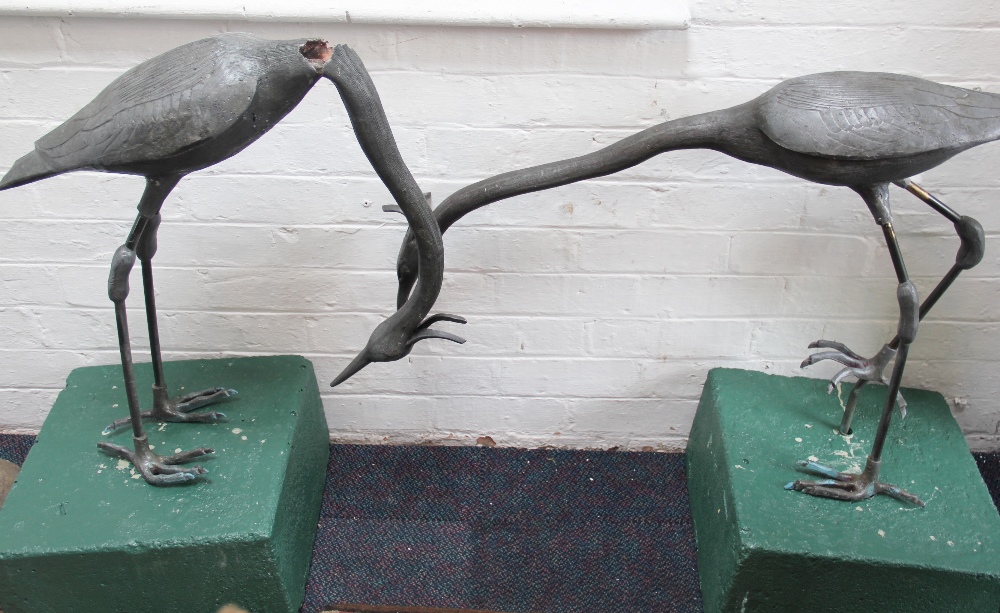 A large pair of lead garden figures of Cranes, with engraved detailing,