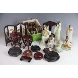 A collection of Chinese wood miniature tables and vase stands,