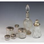 An Edwardian silver mounted cut glass scent bottle and stopper, Birmingham 1909, 24cm,