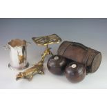 A pair of woods in original leather carrying case and inset white metal plaque,