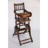 A late Victorian metamorphic childs beech high chair, converting to a rocking chair,