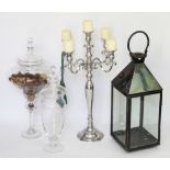 A modern bronzed metal garden lantern, 79cm, two large glass vases and covers,