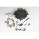 A modern silver card tray, with presentation inscription, two napkin rings, four silver spoons,