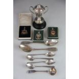 Three assorted silver and gilt medallions including cricket examples, assorted small silver spoons,