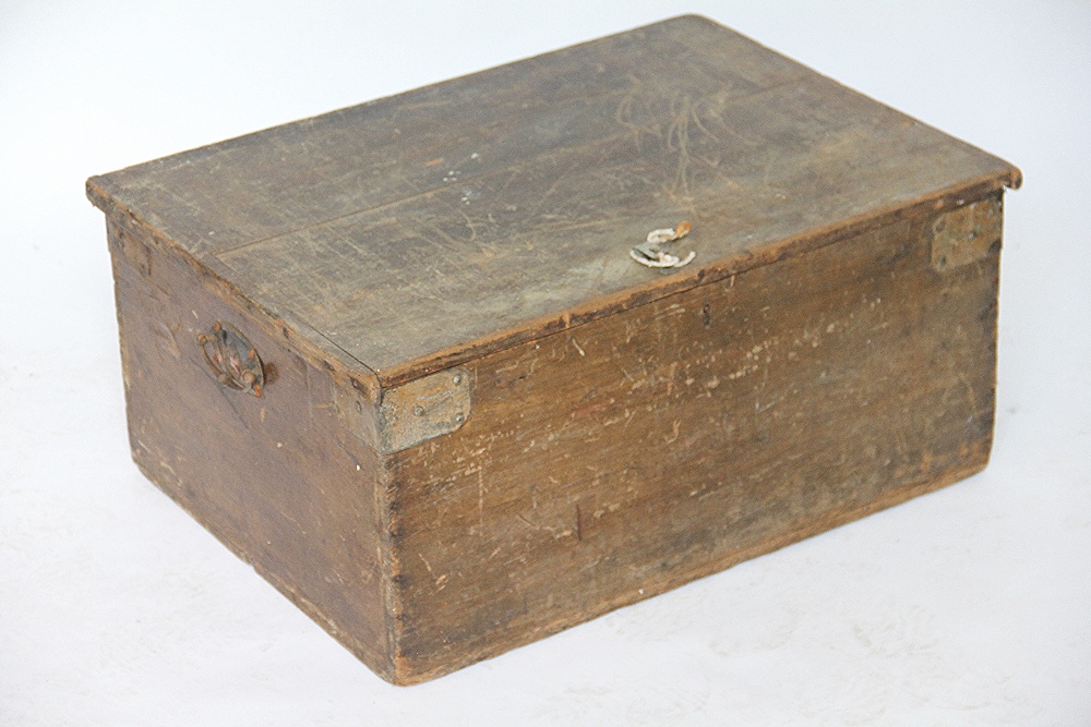 A pine bible type box, with Art Nouveau handles, 29cm H x 65cm W x 46.