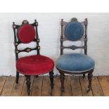 A near pair of Victorian salon chairs, one ebonised, the other stained beech,