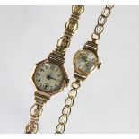 A 9ct yellow gold wristwatch, the octagonal case enclosing circular dial,